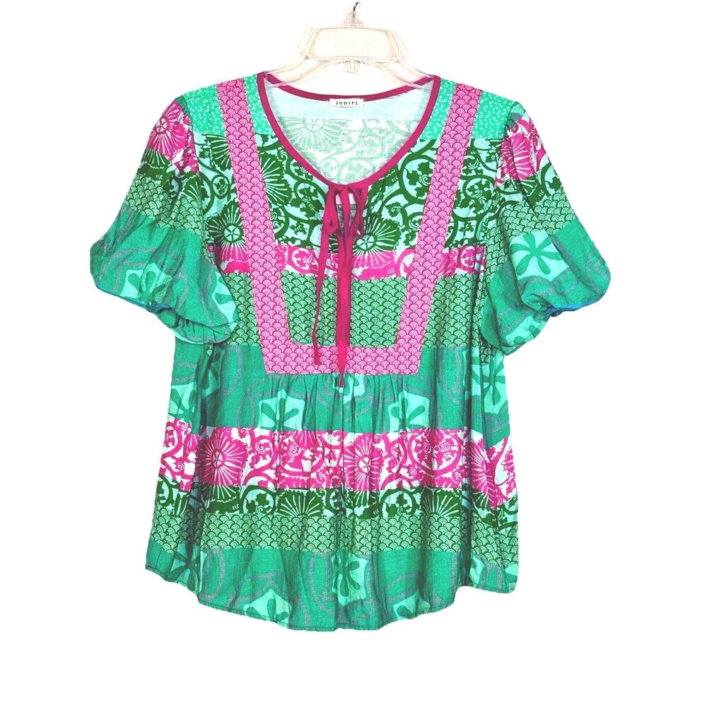Jodifl Boho Flutter Sleeve Mixed Print Peplum Top Green Pink Medium coastal